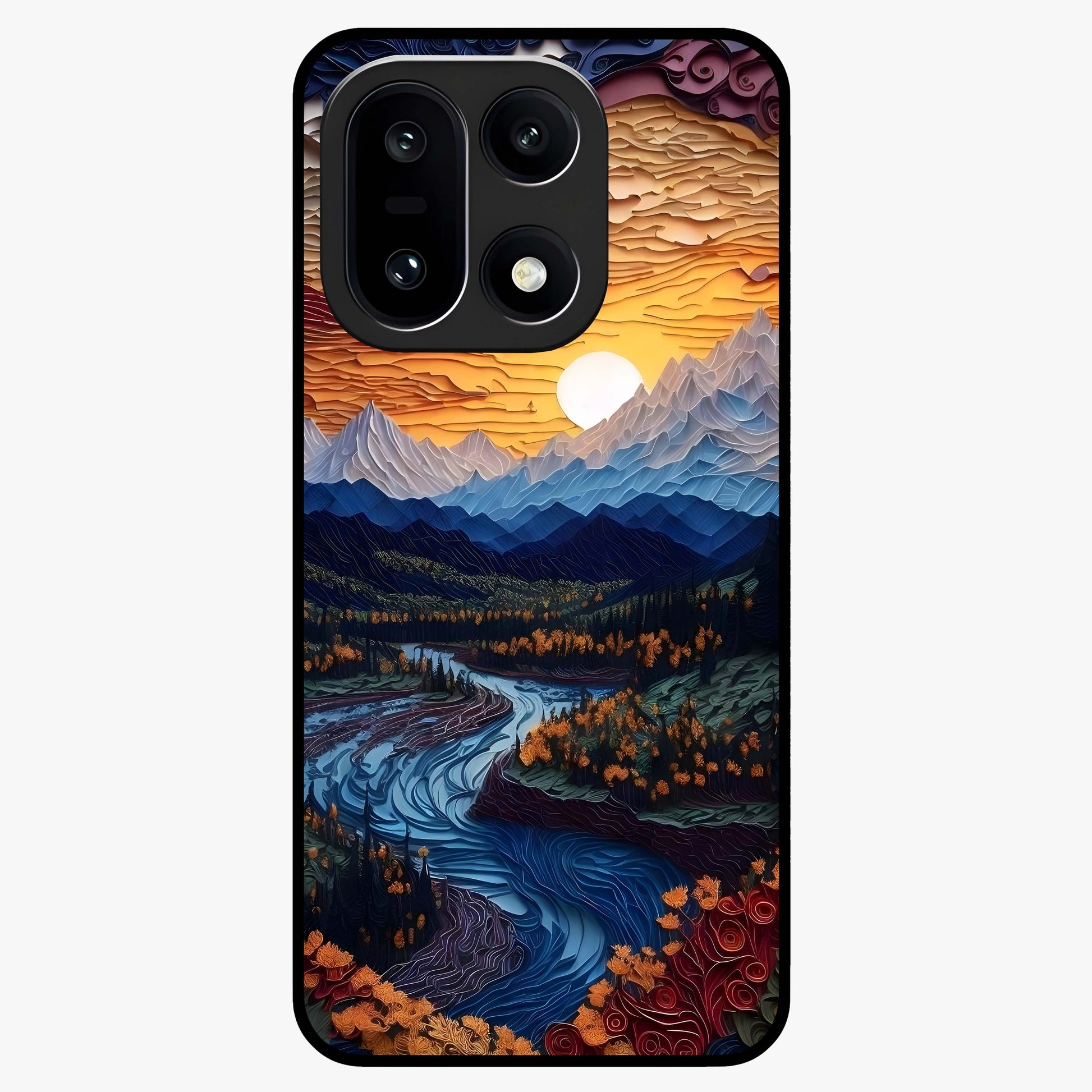 Sunrise River Dreams Glass Case for 1+15 scenic front view featuring river landscape under glowing sunrise sky