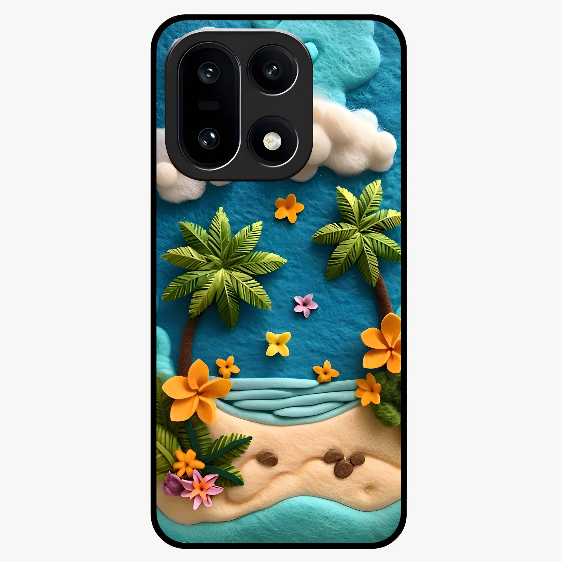 Tropical Felt Escape Glass Case for 1+15 refreshing front view featuring tropical inspired artistic artwork