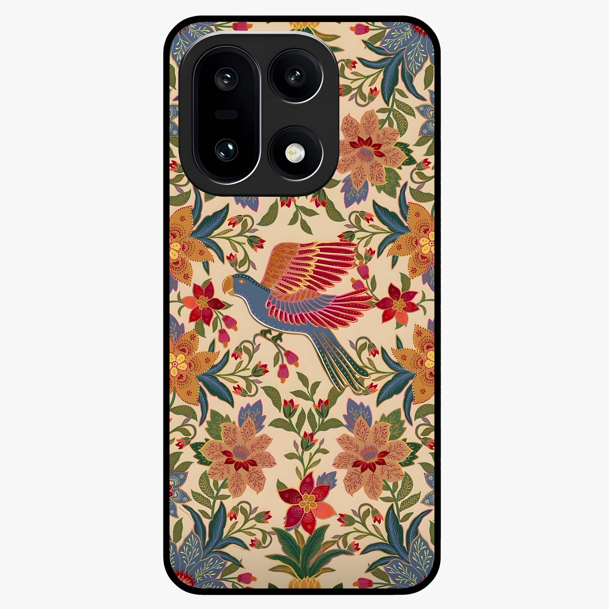 Tropical Folk Art Bird Glass Case for 1+15 artistic front view featuring colorful bird artwork in folk style