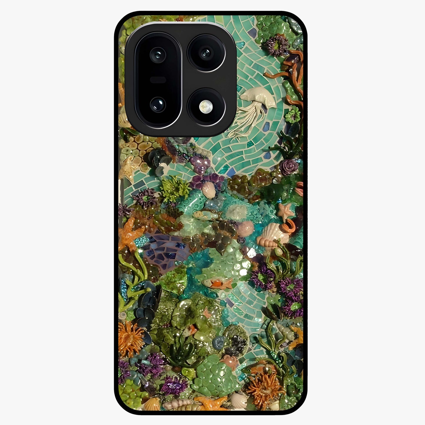 Underwater Mosaic Art Glass Case for 1+15 artistic front view featuring mosaic inspired underwater artwork