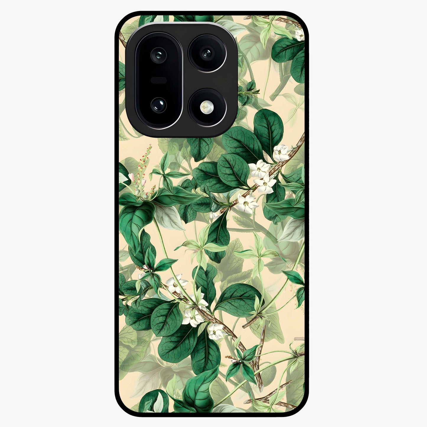 Verdant Garden Whispers Glass Case for 1+15 serene front view featuring lush green floral artwork