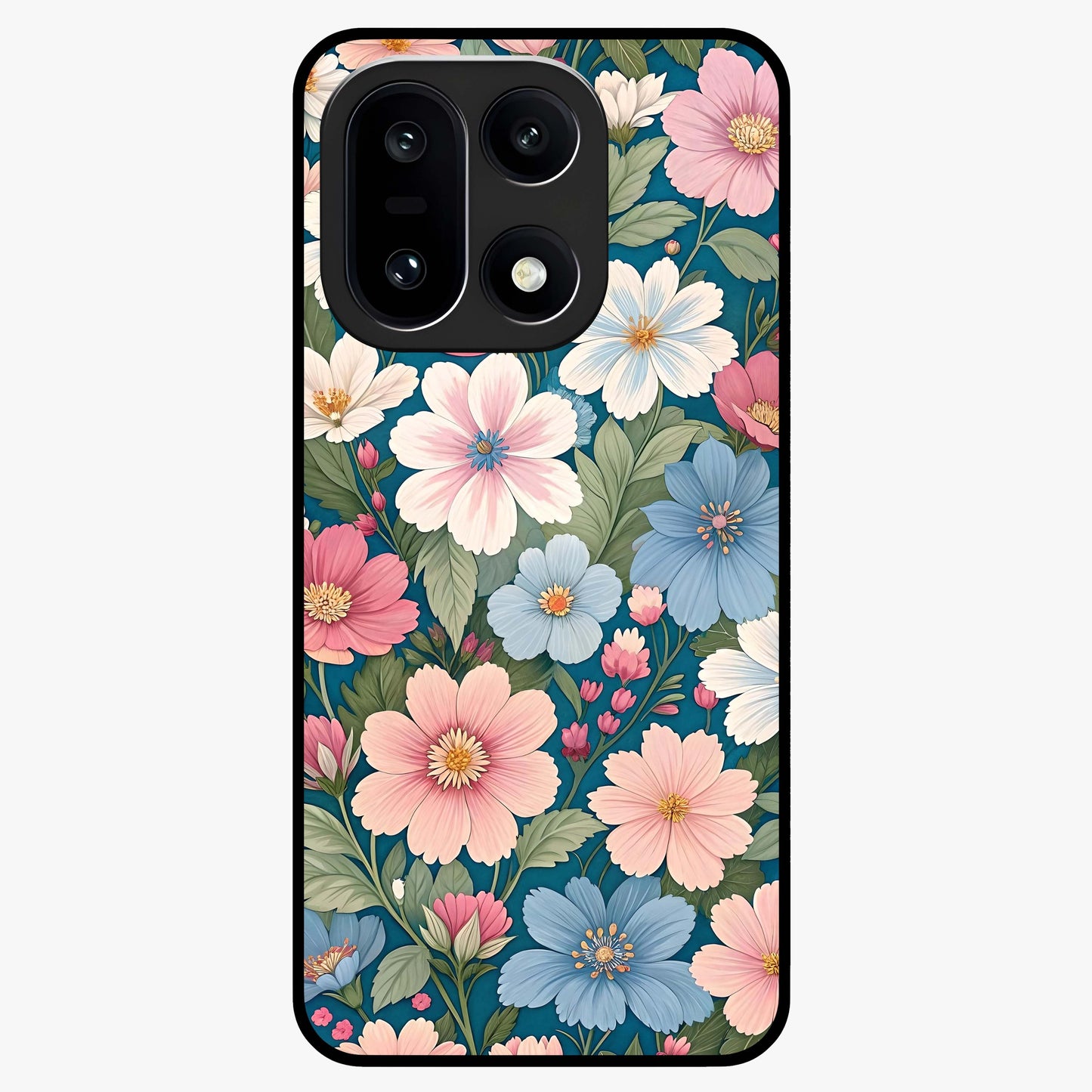 Vintage Floral Charm Glass Case for 1+15 graceful front view featuring charming retro floral artwork