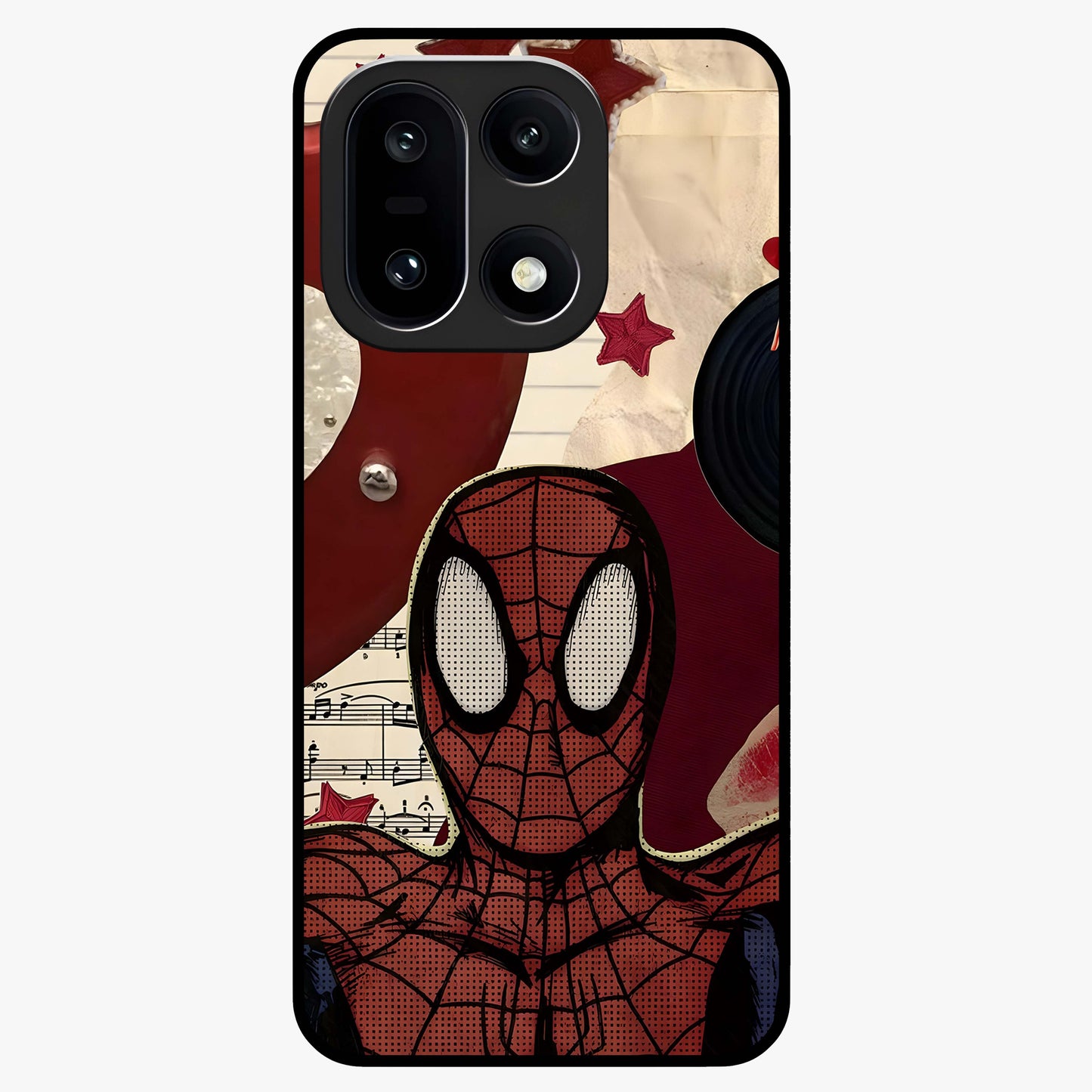 Web Warrior Vibes Glass Case for 1+15 dynamic front view featuring superhero inspired web themed artwork