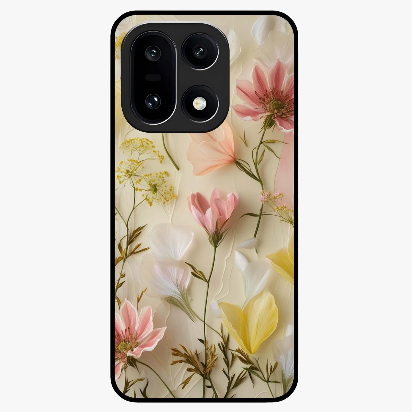 Whispering Petal Harmony Glass Case for 1+15 elegant front view featuring soft floral artwork in pastel tones