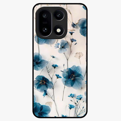 Whispers of Blue Bloom Glass Case for 1+15 vibrant front view featuring blue floral artwork with soft glow