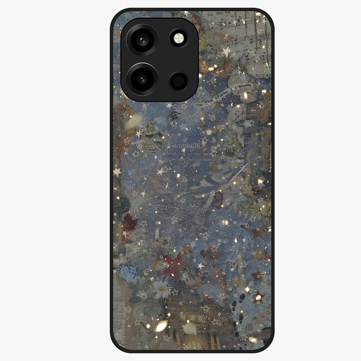 Aesthetic Astrolophia Glass Case showing flat back view with dreamy aesthetic design and glossy glass finish.