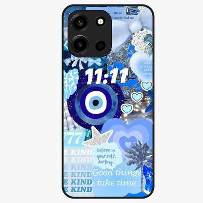 Aesthetic Be Kind Eye Glass Case showing flat back view with motivational eye artwork and glossy glass finish.