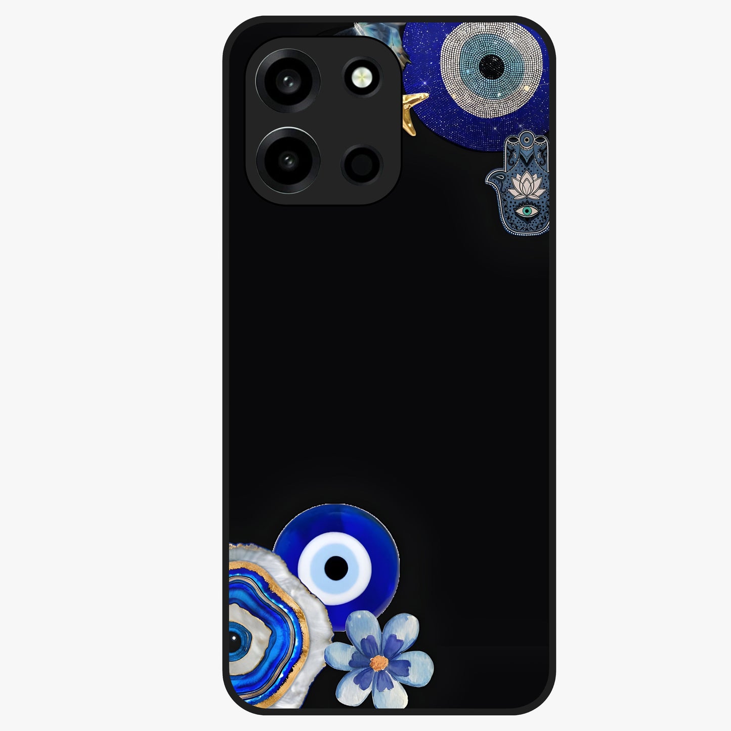 Aesthetic Blue Evil Eye Glass Case showing flat back view with protective evil eye artwork and glossy glass finish.