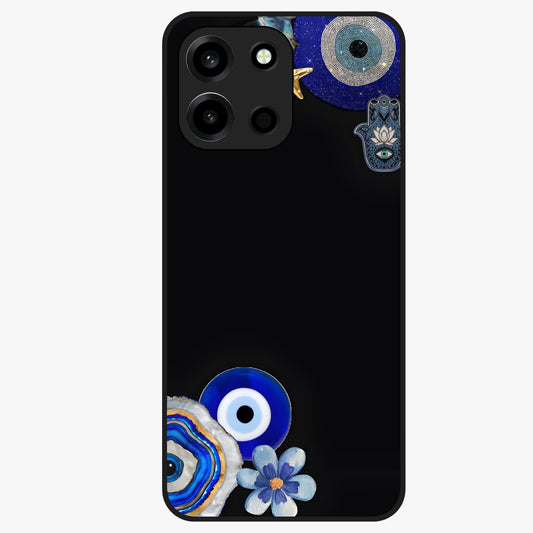 Aesthetic Blue Evil Eye Glass Case showing flat back view with protective evil eye artwork and glossy glass finish.