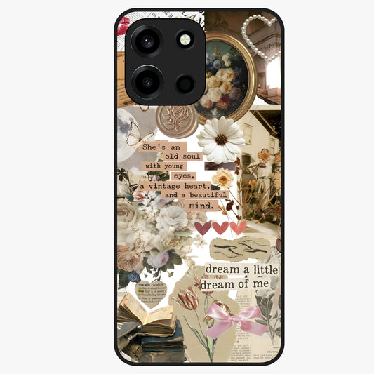 Aesthetic Brown Vintage Collage Glass Case showing flat back view with retro collage artwork and glossy glass finish.