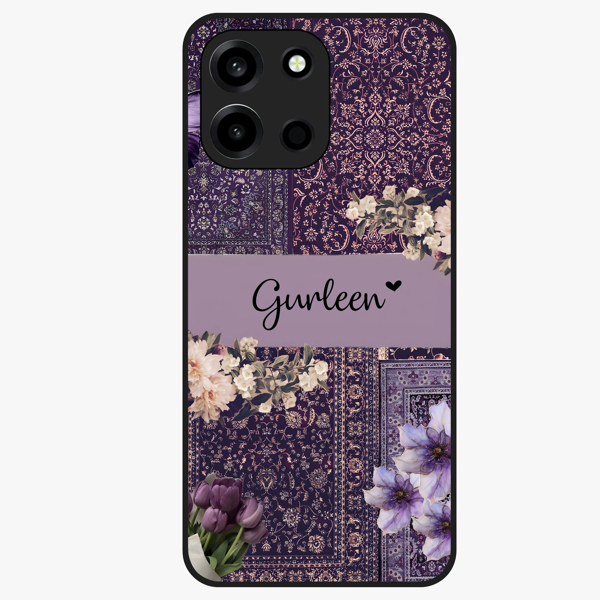 Antique Floral Whisper Custom Name Glass Case showing flat back view with vintage floral artwork and personalized name design.
