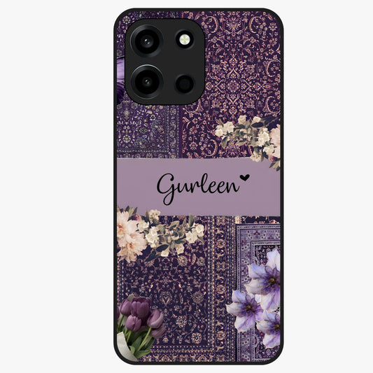 Antique Floral Whisper Custom Name Glass Case showing flat back view with vintage floral artwork and personalized name design.