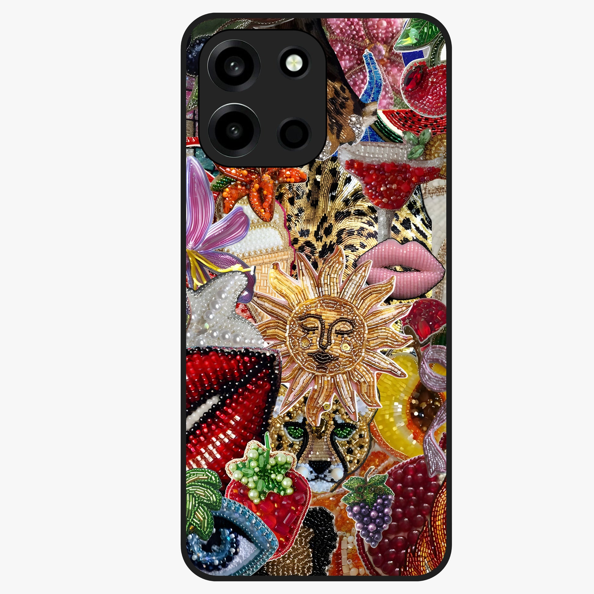Beaded Fashion Jungle Glass Case showing flat back view with vibrant jungle inspired bead artwork and glossy glass finish.