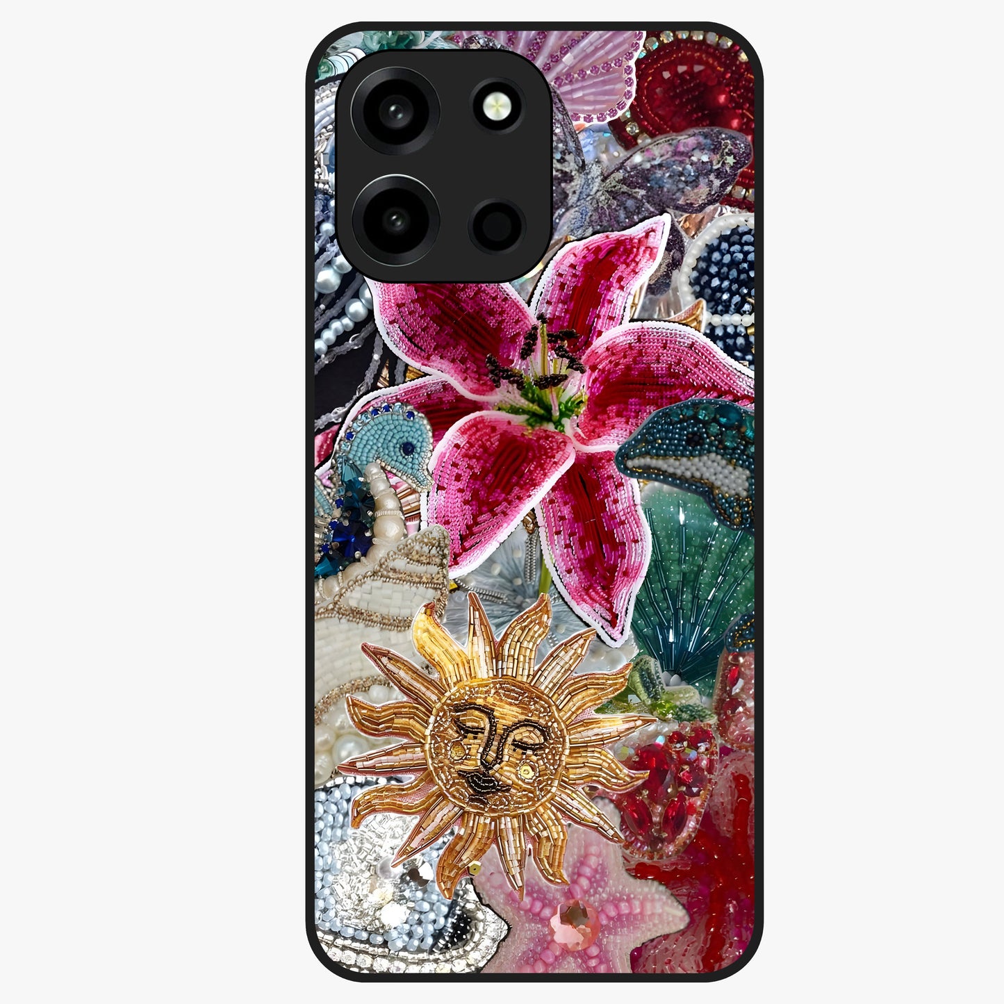 Beaded Garden Fantasy Glass Case showing flat back view with dreamy garden bead artwork and glossy glass finish.