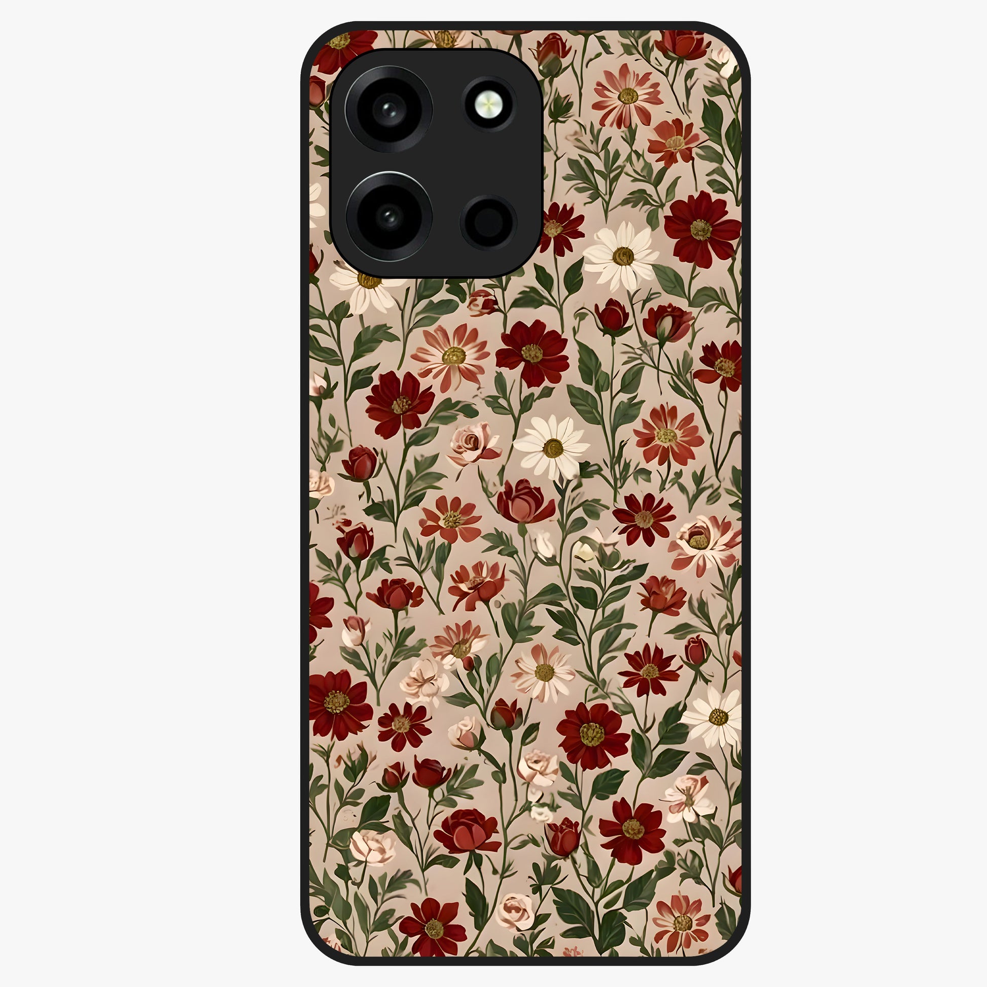 Biege Flower With Leaf Glass Case showing flat back view with soft beige floral artwork and glossy glass finish.