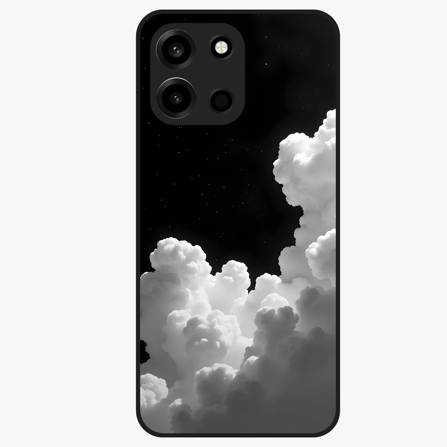 Black Background With White Cloud Glass Case showing flat back view with minimal cloud artwork on dark background and glossy glass finish.