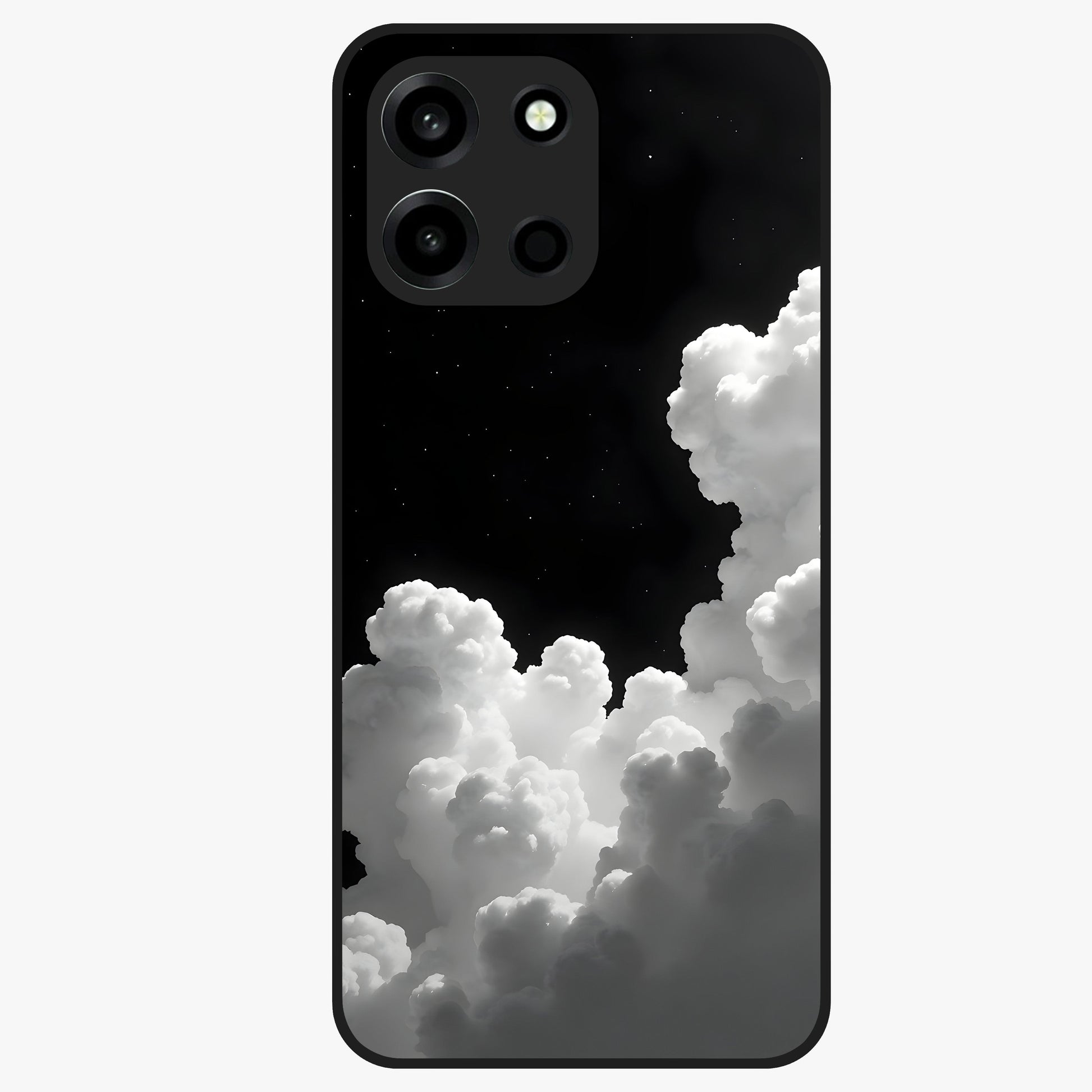 Black Background With White Cloud Glass Case showing flat back view with minimal cloud artwork on dark background and glossy glass finish.
