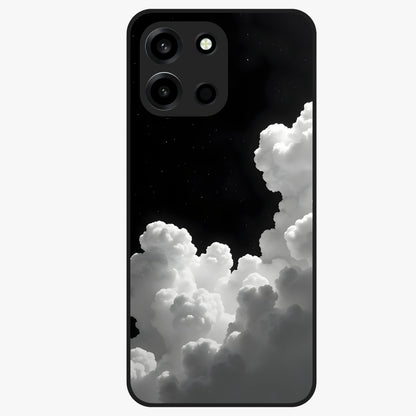 Black Background With White Cloud Glass Case showing flat back view with minimal cloud artwork on dark background and glossy glass finish.