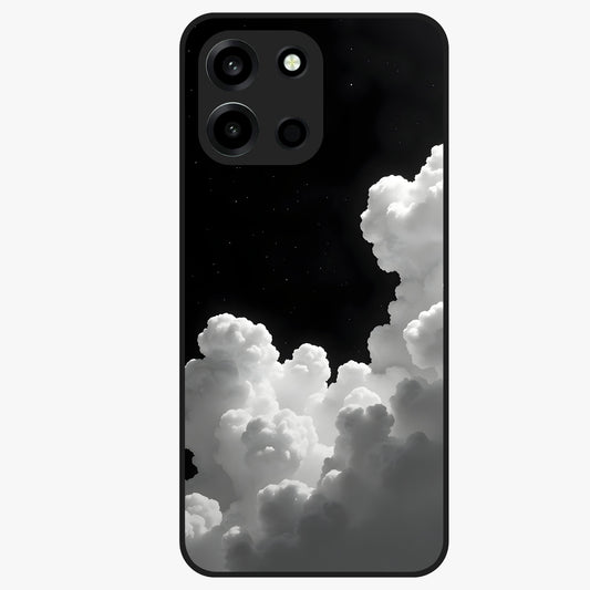 Black Background With White Cloud Glass Case showing flat back view with minimal cloud artwork on dark background and glossy glass finish.