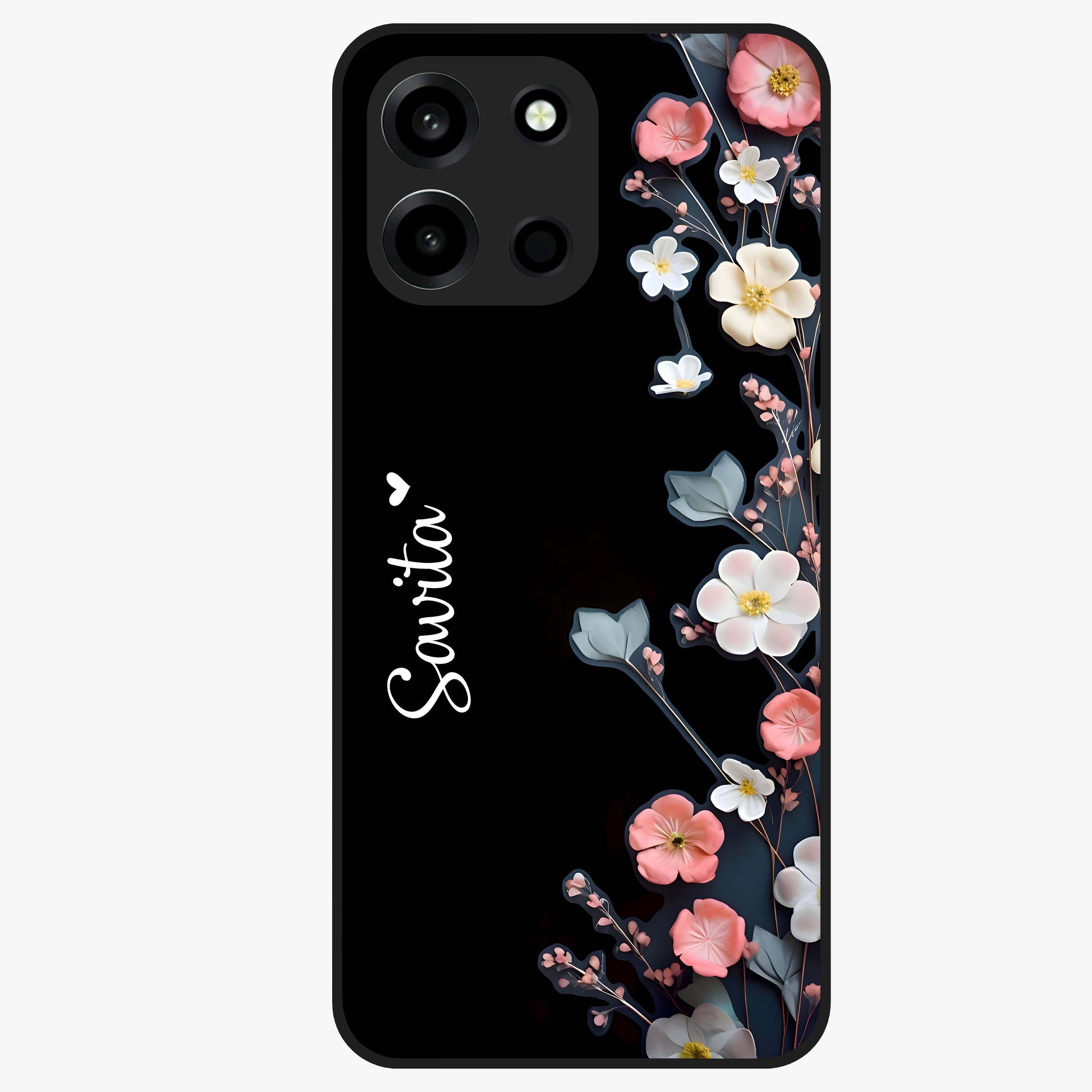 Black Elegance Floral Custom Name Glass Case showing flat back view with elegant floral artwork and personalized name design.