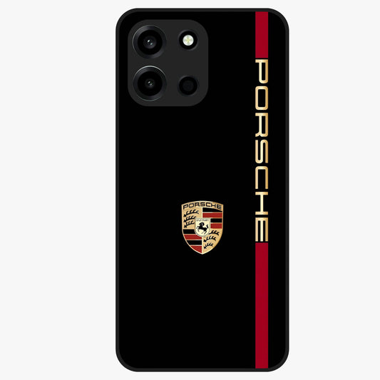 Black Minimal Porsche Glass Case showing flat back view with sleek minimal sports car artwork and glossy glass finish.