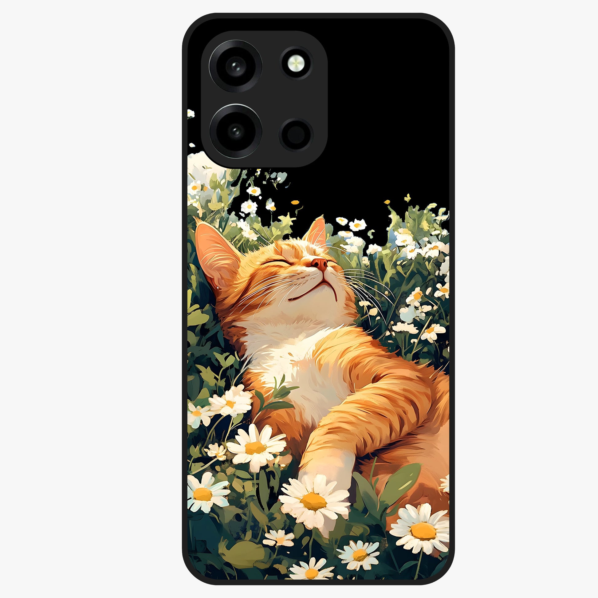 Blissful Bloom Cat Glass Case showing flat back view with cute cat and floral bloom artwork and glossy glass finish.