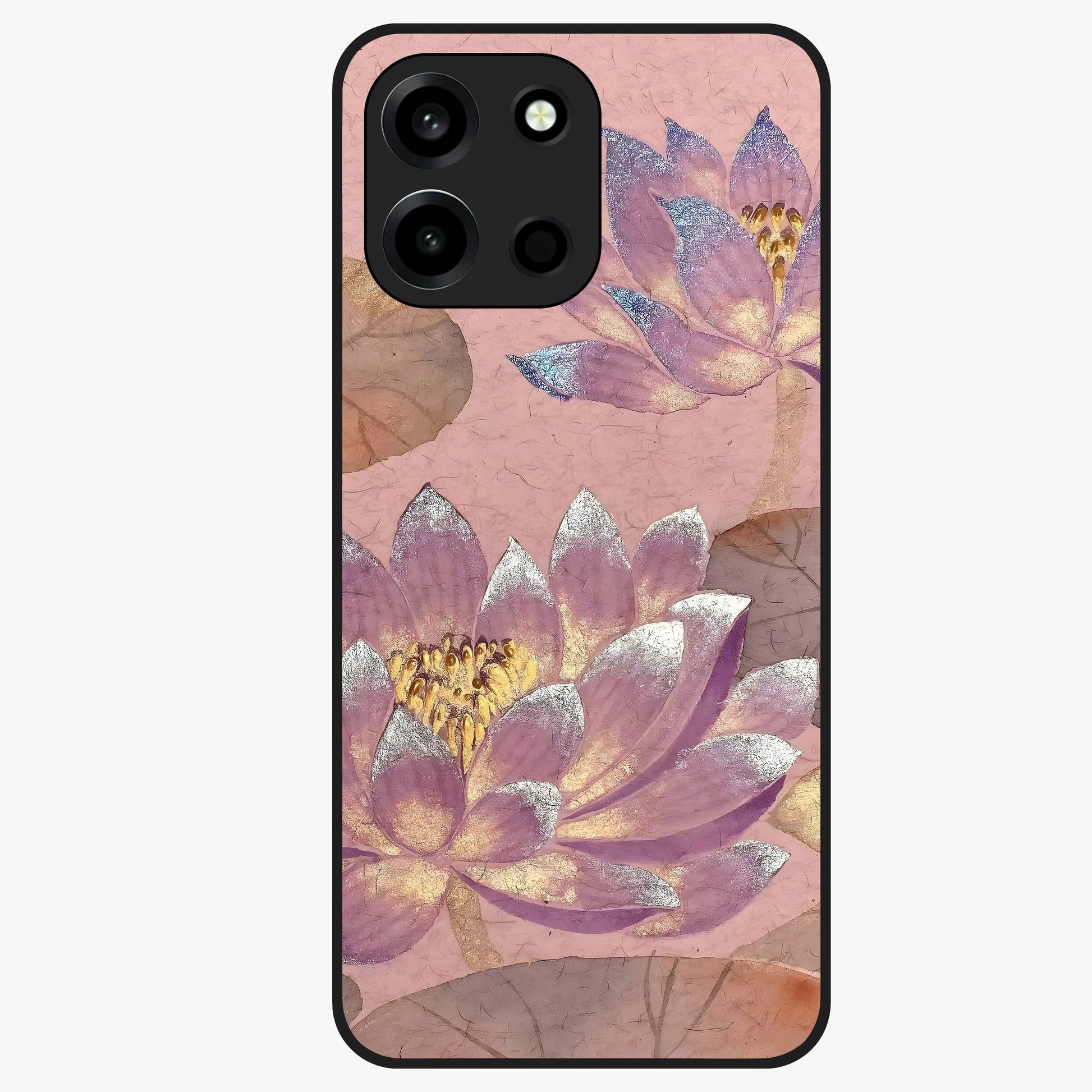 Blossom Mist Lotus Glass Case showing flat back view with serene lotus blossom artwork and glossy glass finish.