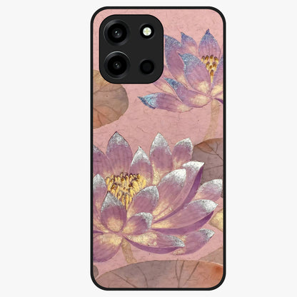 Blossom Mist Lotus Glass Case showing flat back view with serene lotus blossom artwork and glossy glass finish.