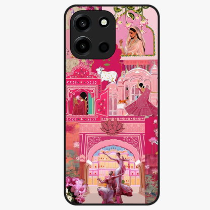 Blossoms of Rajasthan Glass Case showing flat back view with traditional floral artwork inspired by Rajasthan and glossy glass finish.