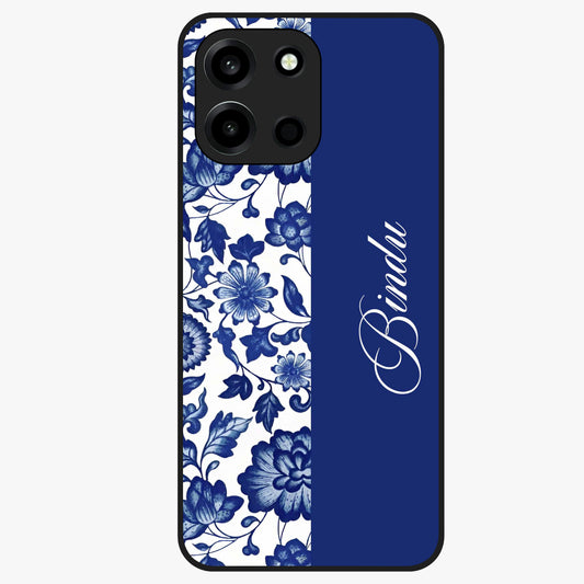 Blue Vintage Floral Pattern Glass Case upright view showcasing timeless floral illustration with vintage inspired style.
