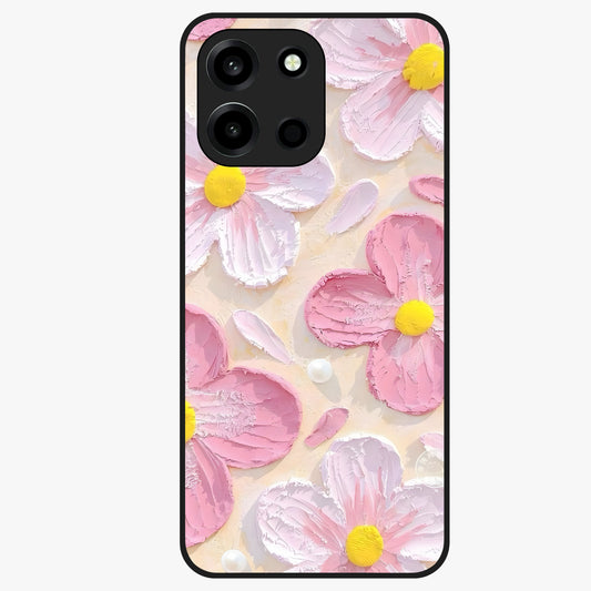 Blush Bloom Texture Glass Case showing flat back view with soft blush floral texture artwork and glossy glass finish.
