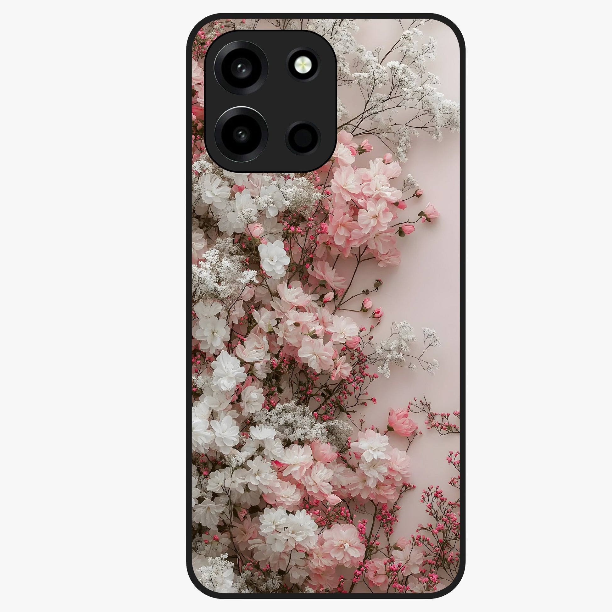 Blush Blossom Cloud Glass Case showing flat back view with dreamy blush cloud blossom artwork and glossy glass finish.