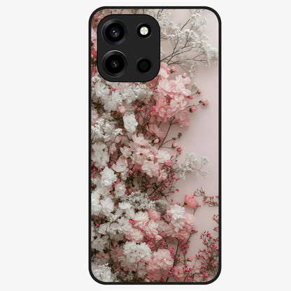 Blush Blossom Cloud Glass Case showing flat back view with dreamy blush cloud blossom artwork and glossy glass finish.