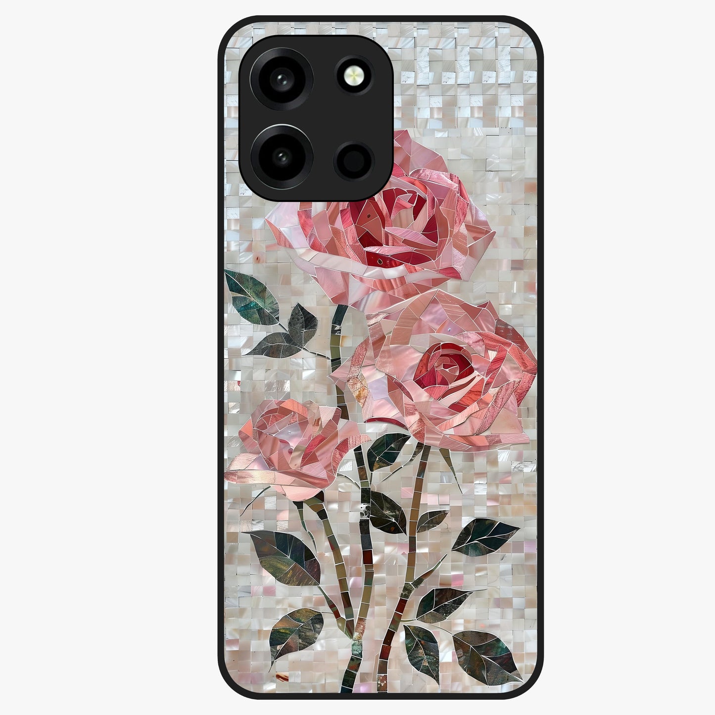 Blush Mosaic Bloom Glass Case showing flat back view with mosaic floral bloom artwork and glossy glass finish.