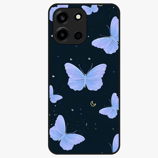 Butterfly With Stars Pattern Glass Case showing flat back view with butterfly and star pattern artwork and glossy glass finish.