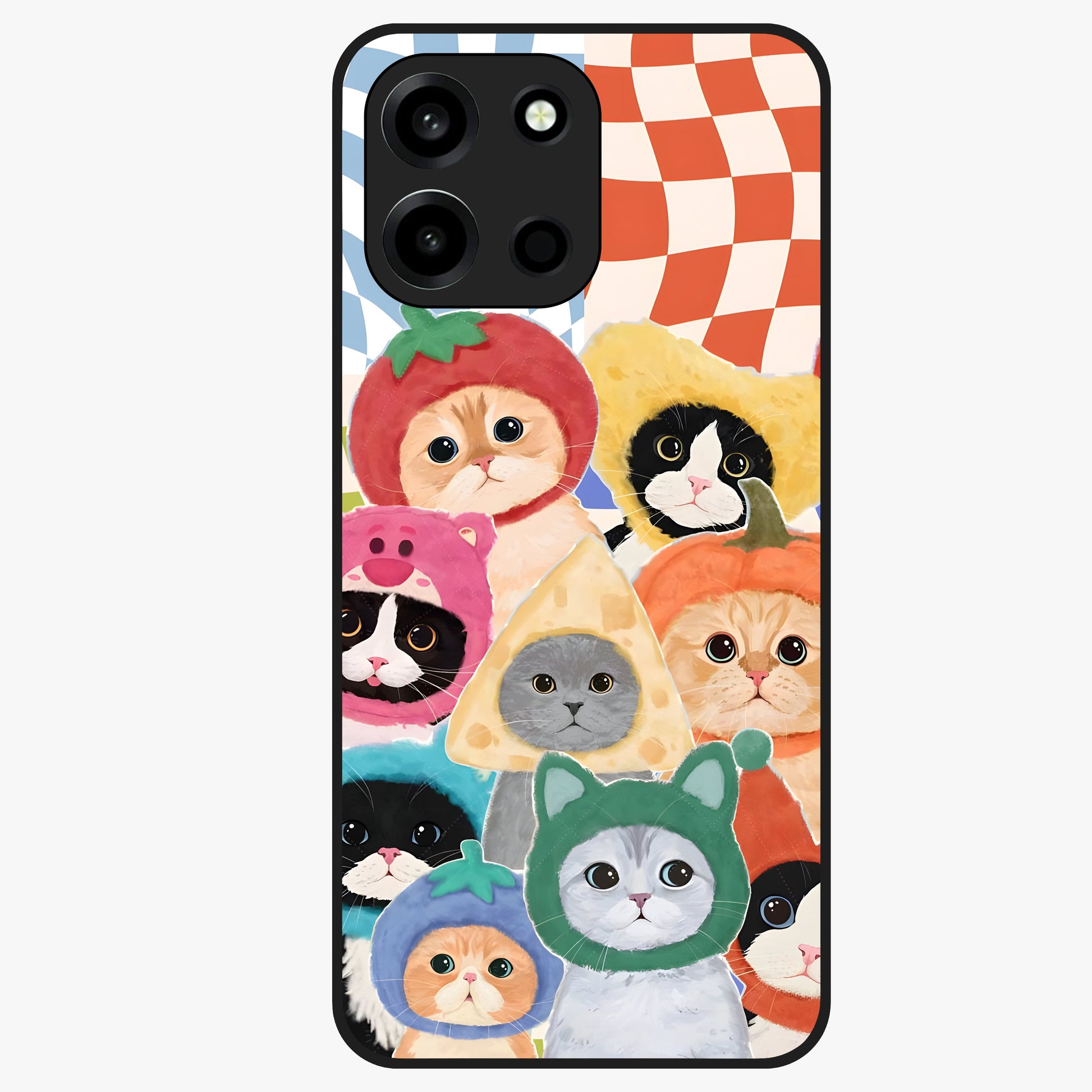 Cats in Fruits Glass Case showing flat back view with playful cat illustrations inside fruit artwork and glossy glass finish.