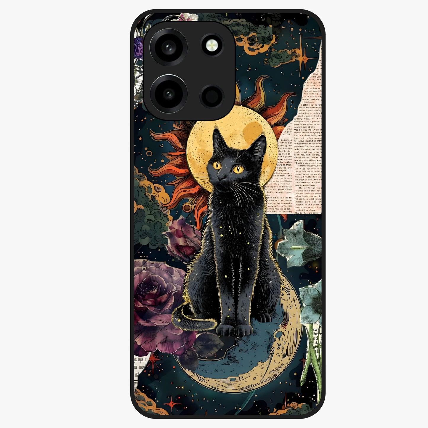 Celestial Black Cat Glass Case showing flat back view with mystical black cat artwork and glossy glass finish.