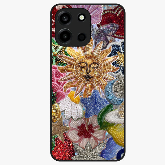 Celestial Floral and Playful Glass Case showing flat back view with floral and celestial themed artwork and glossy glass finish.