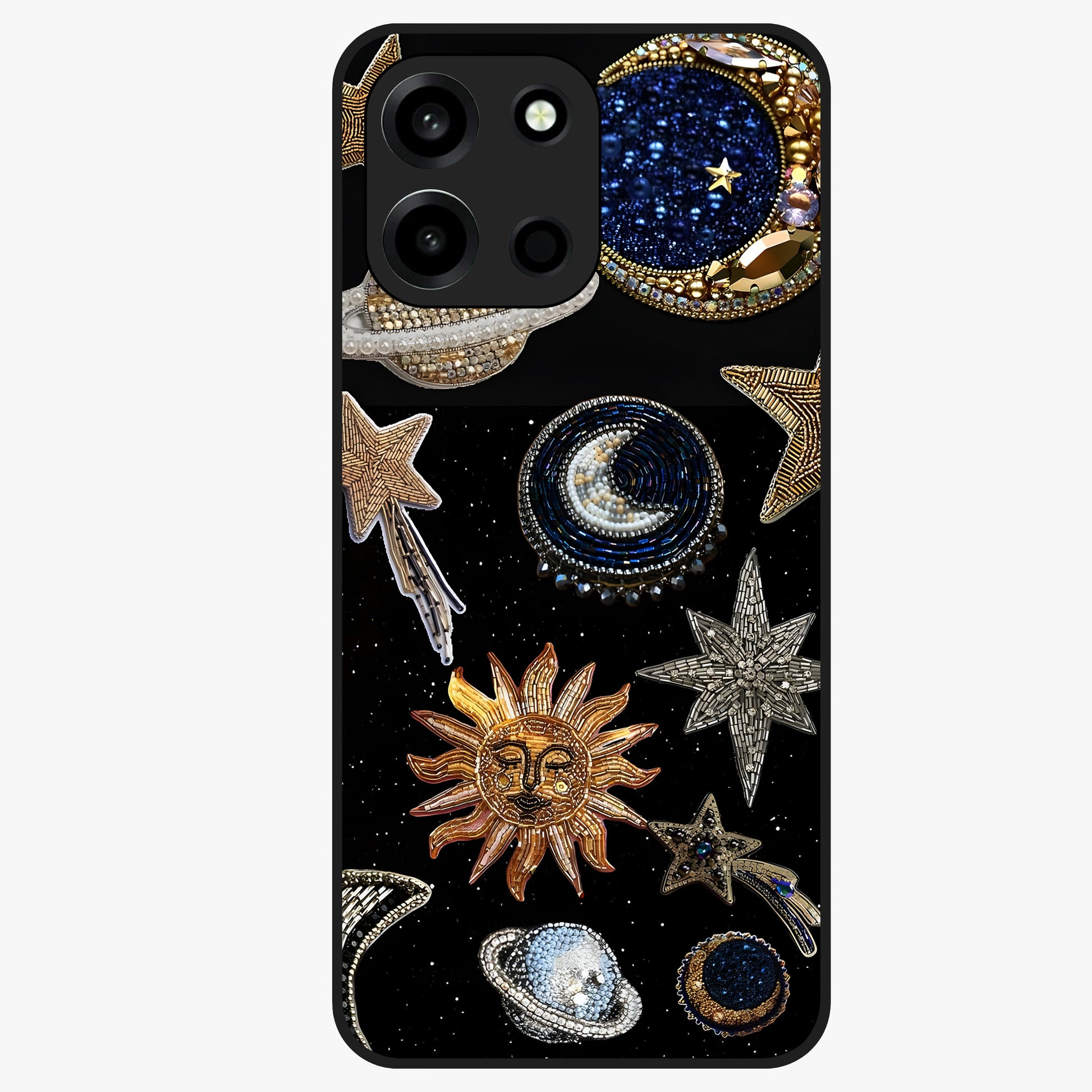 Celestial Gem Constellations Glass Case showing flat back view with sparkling constellation artwork and glossy glass finish.