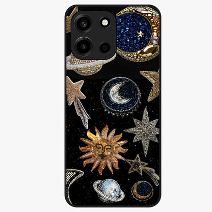 Celestial Gem Constellations Glass Case showing flat back view with sparkling constellation artwork and glossy glass finish.