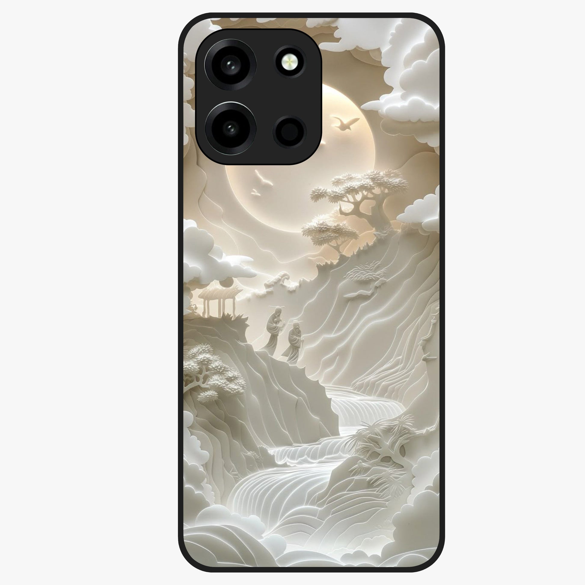 Celestial Origami Glass Case showing flat back view with artistic origami inspired celestial artwork and glossy glass finish.