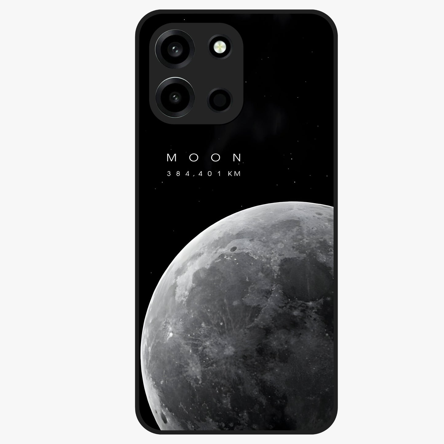 Cosmic Moon Glow Glass Case showing flat back view with glowing moon artwork and glossy glass finish.