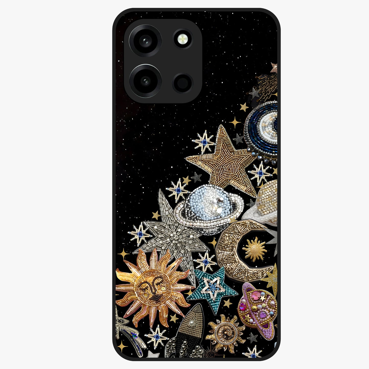 Cosmic Sparkle Dreams Glass Case showing flat back view with sparkling cosmic artwork and glossy glass finish.