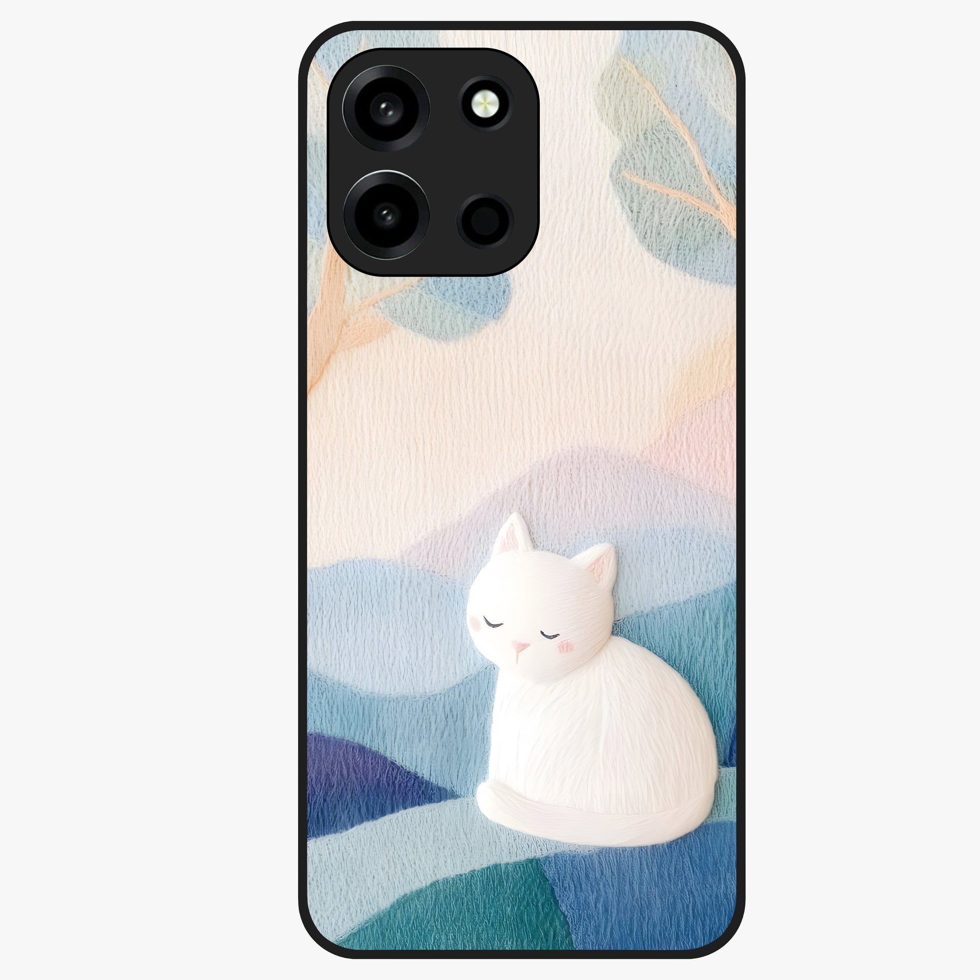 Cotton Dream Cat Glass Case showing flat back view with soft dreamy cat artwork and glossy glass finish.