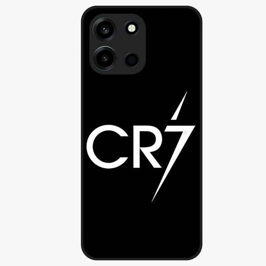 Cr7 Elite Strike Glass Case showing flat back view with dynamic football inspired artwork and glossy glass finish.