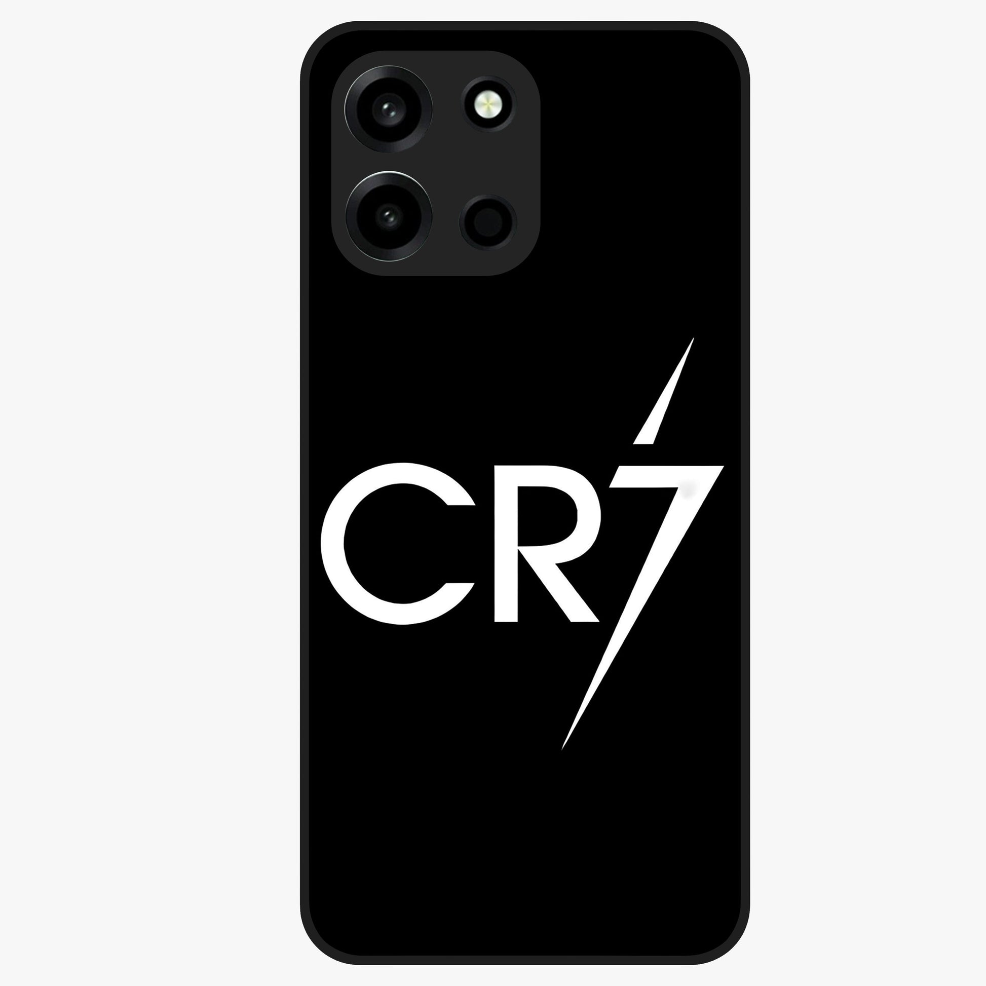 Cr7 Elite Strike Glass Case showing flat back view with dynamic football inspired artwork and glossy glass finish.