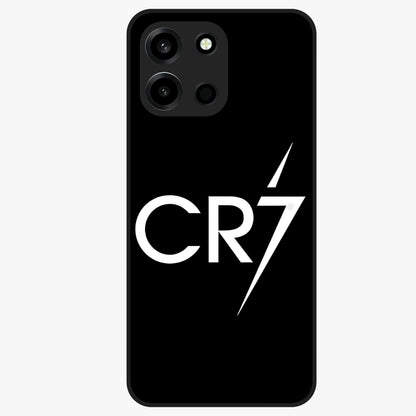 Cr7 Elite Strike Glass Case showing flat back view with dynamic football inspired artwork and glossy glass finish.