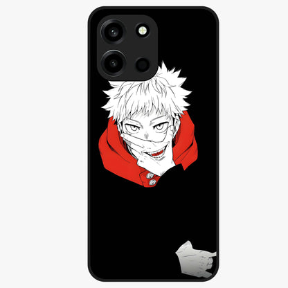Crimson Chaos Smile Glass Case showing flat back view with bold chaotic smile artwork and glossy glass finish.