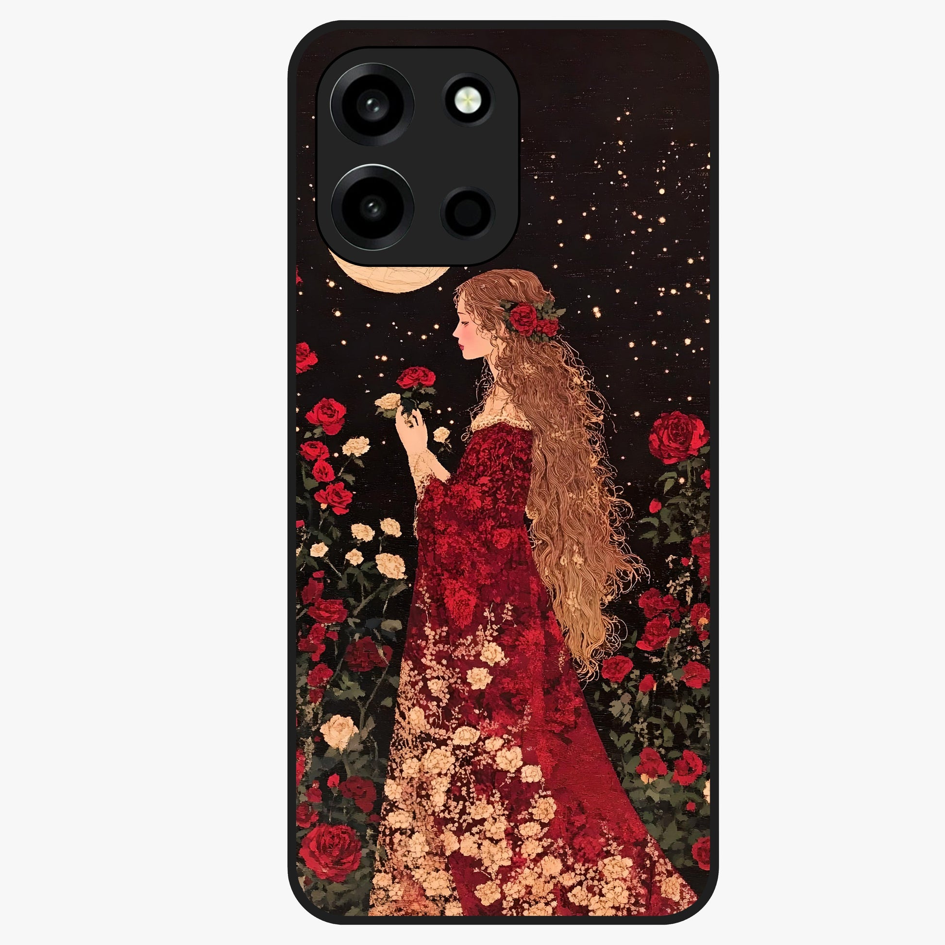 Crimson Dreams Glass Case showing flat back view with dreamy crimson artwork and glossy glass finish.