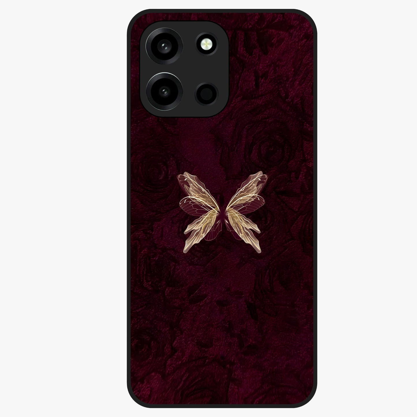 Crimson Fade Butterfly Glass Case showing flat back view with fading butterfly artwork and glossy glass finish.